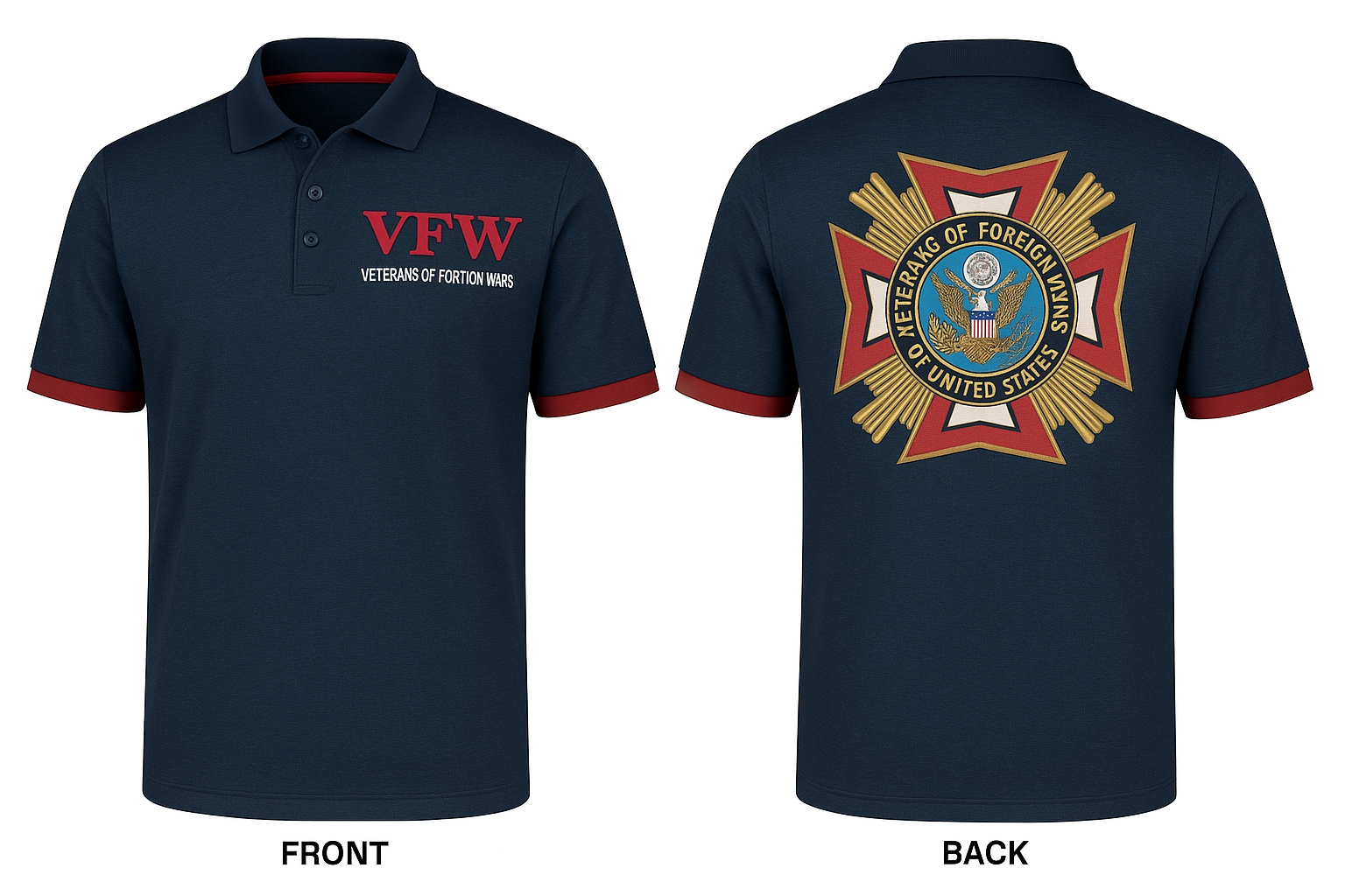 Blue buttoned short sleeve polo shirt, front and back with VFW logo on front and large motif on back.