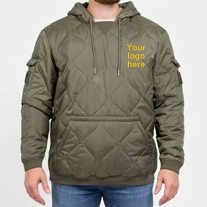 Green hoodie with a woobie stitching pattern, kangaroo style pocket in front with Velcro flap arm pockets on both sides.