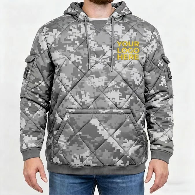 Camouflage hoodie with a woobie stitching pattern, kangaroo style pocket in front with Velcro flap arm pockets on both sides.